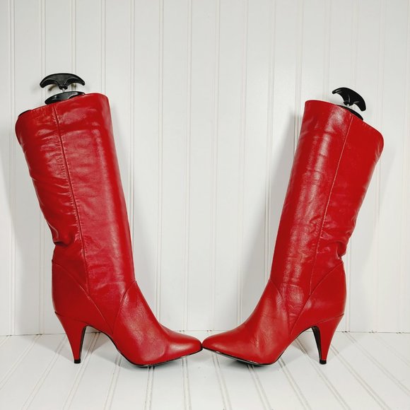 Bandits Soft Red Leather Knee High Slip On Heeled Tall Boots A901 - Picture 7 of 16